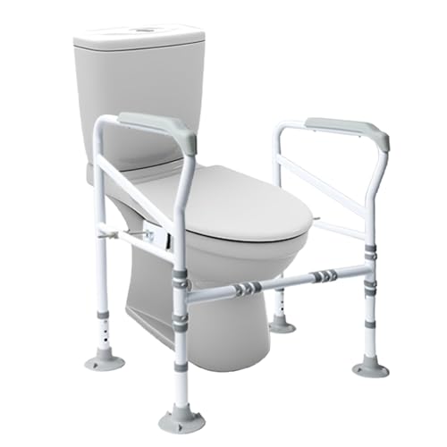 Toilet Safety Rails. Pre-Installed Toilet Handles for Elderly and Disabled. Stand Alone Adjustable Toilet Safety Rails for Seniors with Two Fixing Pads for Extra Safety.