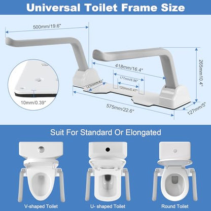 Toilet Safety Rails. Stand Alone Toilet Safety Rail Riser with Handles for Elderly Toilet Frame with Arms for Senior Handicap Disabled Adjustable Height Width 480lbsWhite Grey