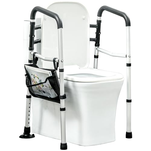 HOMCOM 2 in 1 Stand Alone Toilet Safety Rails. 300lb Stand-Assist Walker with Adjustable Height Width. Toilet Rails Grab Bar with Rubber Tips. Storage for Elderly. Disabled