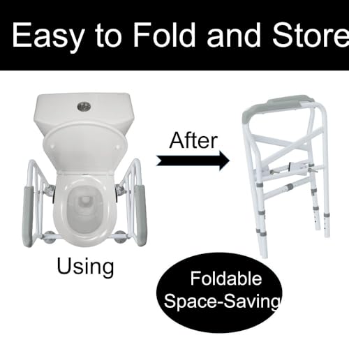 Toilet Safety Rails. Pre-Installed Toilet Handles for Elderly and Disabled. Stand Alone Adjustable Toilet Safety Rails for Seniors with Two Fixing Pads for Extra Safety.