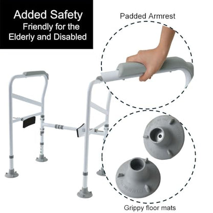 Toilet Safety Rails. Pre-Installed Toilet Handles for Elderly and Disabled. Stand Alone Adjustable Toilet Safety Rails for Seniors with Two Fixing Pads for Extra Safety.