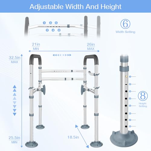 KingPavonini Toilet Safety Rail (350 LB) - Adjustable Foldable Toilet Safety Frame for Elderly and Disabled - Stand Alone Toilet Rails for Seniors with Storage Bag and Paper Holder - Fits Most Toilets