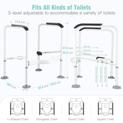 Toilet Safety Rails for Elderly. Heavy Duty Toilet Safety Frame with Handles. Adjustable Height & Width. Toilet Assist Grab Bar with Anti-Slip Mat. Up to 350 Lbs. Fits for Any Toilets