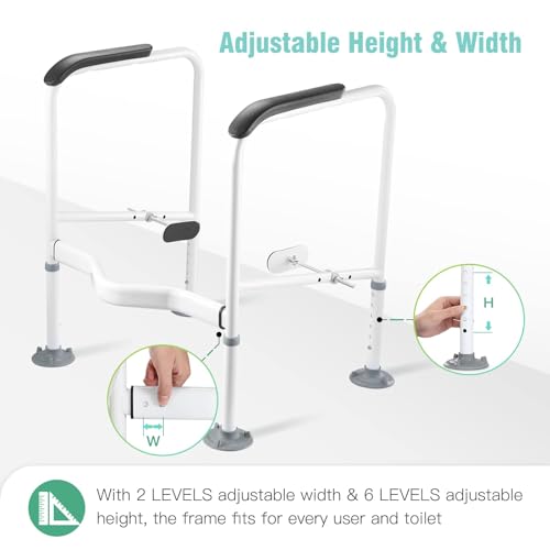 Toilet Safety Rails for Elderly. Heavy Duty Toilet Safety Frame with Handles. Adjustable Height & Width. Toilet Assist Grab Bar with Anti-Slip Mat. Up to 350 Lbs. Fits for Any Toilets