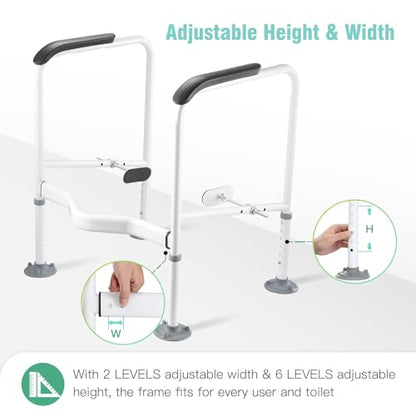 Toilet Safety Rails for Elderly. Heavy Duty Toilet Safety Frame with Handles. Adjustable Height & Width. Toilet Assist Grab Bar with Anti-Slip Mat. Up to 350 Lbs. Fits for Any Toilets