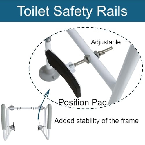 Toilet Safety Rails. Pre-Installed Toilet Handles for Elderly and Disabled. Stand Alone Adjustable Toilet Safety Rails for Seniors with Two Fixing Pads for Extra Safety.