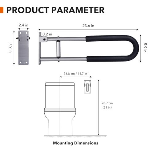 Grab Bars Toilet Safety Rails: Foldable Handicap Grab Bars Seniors Elderly Wall Bathroom Toilet Safety Frames & Rails Heavy Duty Stand Alone 24 inch