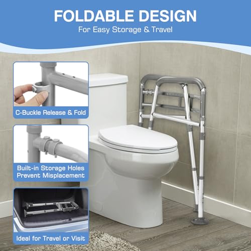 Toilet Safety Rails. Adjustable and Foldable Toilet Safety Frames with Padded Handles.Toilet Rails with Reinforced Bars & Suction Cups for Disabled Seniors Bariatrics. Toilet Bars Fit Most Toilets