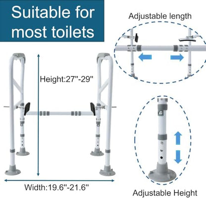 Toilet Safety Rails. Pre-Installed Toilet Handles for Elderly and Disabled. Stand Alone Adjustable Toilet Safety Rails for Seniors with Two Fixing Pads for Extra Safety.