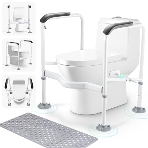 Toilet Safety Rails for Elderly. Heavy Duty Toilet Safety Frame with Handles. Adjustable Height & Width. Toilet Assist Grab Bar with Anti-Slip Mat. Up to 350 Lbs. Fits for Any Toilets