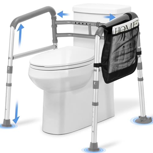 Toilet Safety Rails. Adjustable and Foldable Toilet Safety Frames with Padded Handles.Toilet Rails with Reinforced Bars & Suction Cups for Disabled Seniors Bariatrics. Toilet Bars Fit Most Toilets