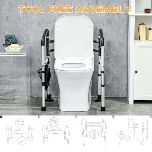 HOMCOM 2 in 1 Stand Alone Toilet Safety Rails. 300lb Stand-Assist Walker with Adjustable Height Width. Toilet Rails Grab Bar with Rubber Tips. Storage for Elderly. Disabled