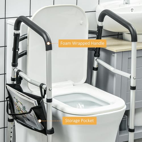 HOMCOM 2 in 1 Stand Alone Toilet Safety Rails. 300lb Stand-Assist Walker with Adjustable Height Width. Toilet Rails Grab Bar with Rubber Tips. Storage for Elderly. Disabled