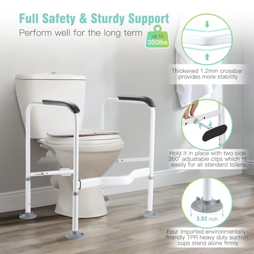 Toilet Safety Rails for Elderly. Heavy Duty Toilet Safety Frame with Handles. Adjustable Height & Width. Toilet Assist Grab Bar with Anti-Slip Mat. Up to 350 Lbs. Fits for Any Toilets