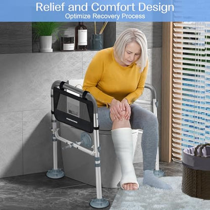 KingPavonini Toilet Safety Rail (350 LB) - Adjustable Foldable Toilet Safety Frame for Elderly and Disabled - Stand Alone Toilet Rails for Seniors with Storage Bag and Paper Holder - Fits Most Toilets