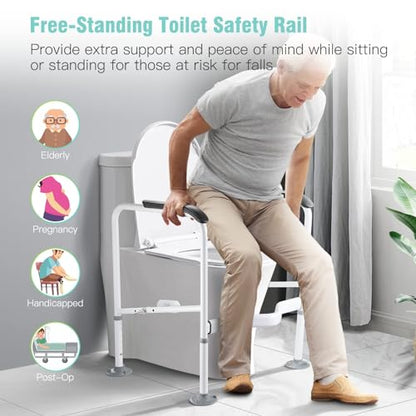 Toilet Safety Rails for Elderly. Heavy Duty Toilet Safety Frame with Handles. Adjustable Height & Width. Toilet Assist Grab Bar with Anti-Slip Mat. Up to 350 Lbs. Fits for Any Toilets