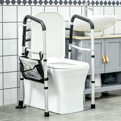 HOMCOM 2 in 1 Stand Alone Toilet Safety Rails. 300lb Stand-Assist Walker with Adjustable Height Width. Toilet Rails Grab Bar with Rubber Tips. Storage for Elderly. Disabled