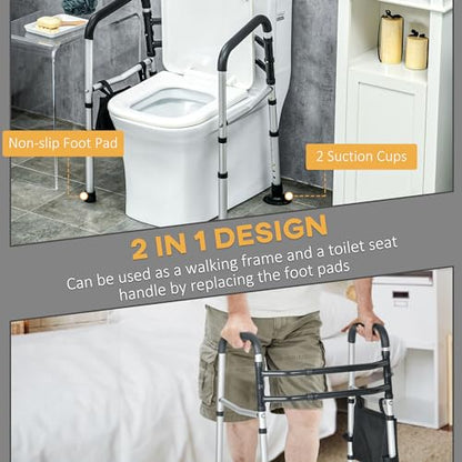 HOMCOM 2 in 1 Stand Alone Toilet Safety Rails. 300lb Stand-Assist Walker with Adjustable Height Width. Toilet Rails Grab Bar with Rubber Tips. Storage for Elderly. Disabled