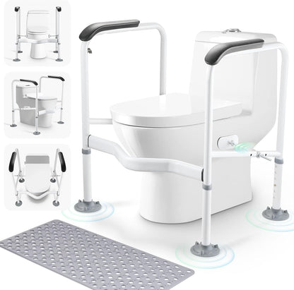 Toilet Safety Rails for Elderly. Heavy Duty Toilet Safety Frame with Handles. Adjustable Height & Width. Toilet Assist Grab Bar with Anti-Slip Mat. Up to 350 Lbs. Fits for Any Toilets